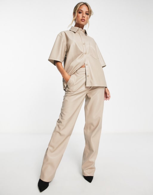 Asos Design Leather Look Shirt And Trouser In Putty Co Ord Asos