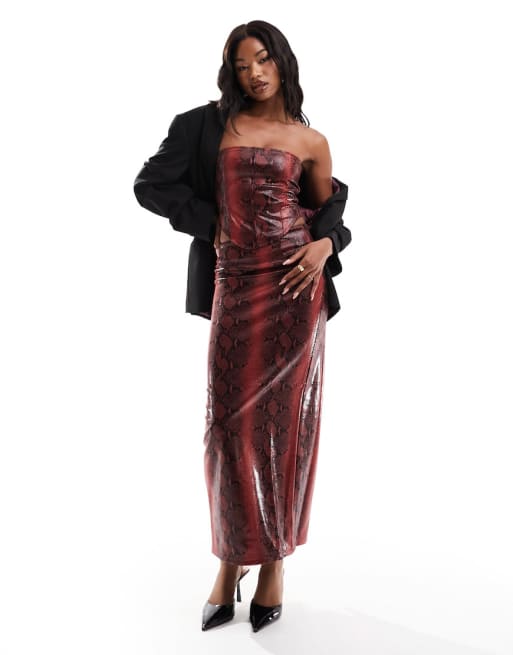 ASOS DESIGN leather look top and column skirt set in red animal