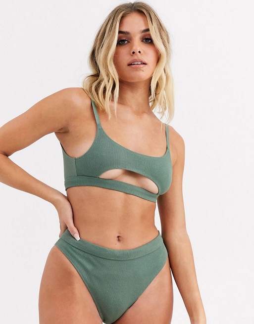 ASOS DESIGN Lian rib crop bralet with cut out underboob and pant set
