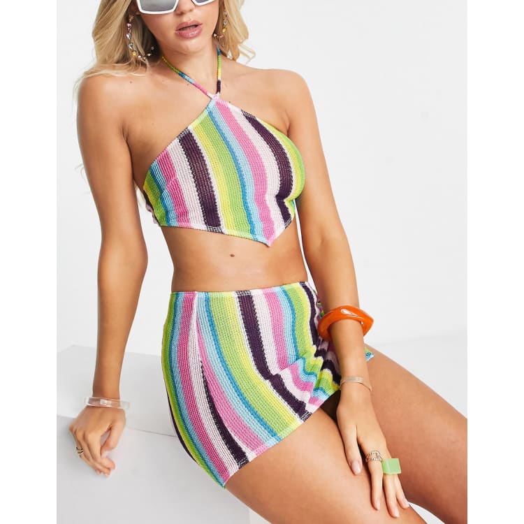 ASOS DESIGN light knit halter neck beach set in bright stripe