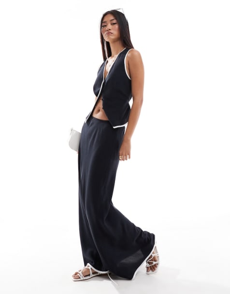 " ASOS DESIGN linen blend waistcoat and skirt with contrast binding in black co - view 1