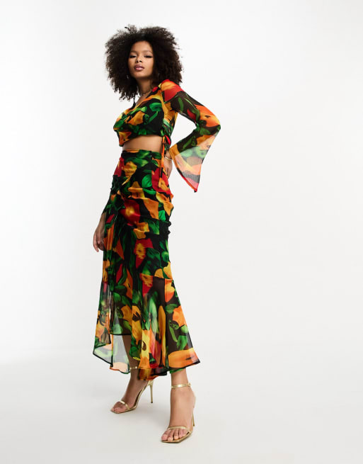ASOS DESIGN long sleeve chiffon top with & maxi skirt set in blurred floral