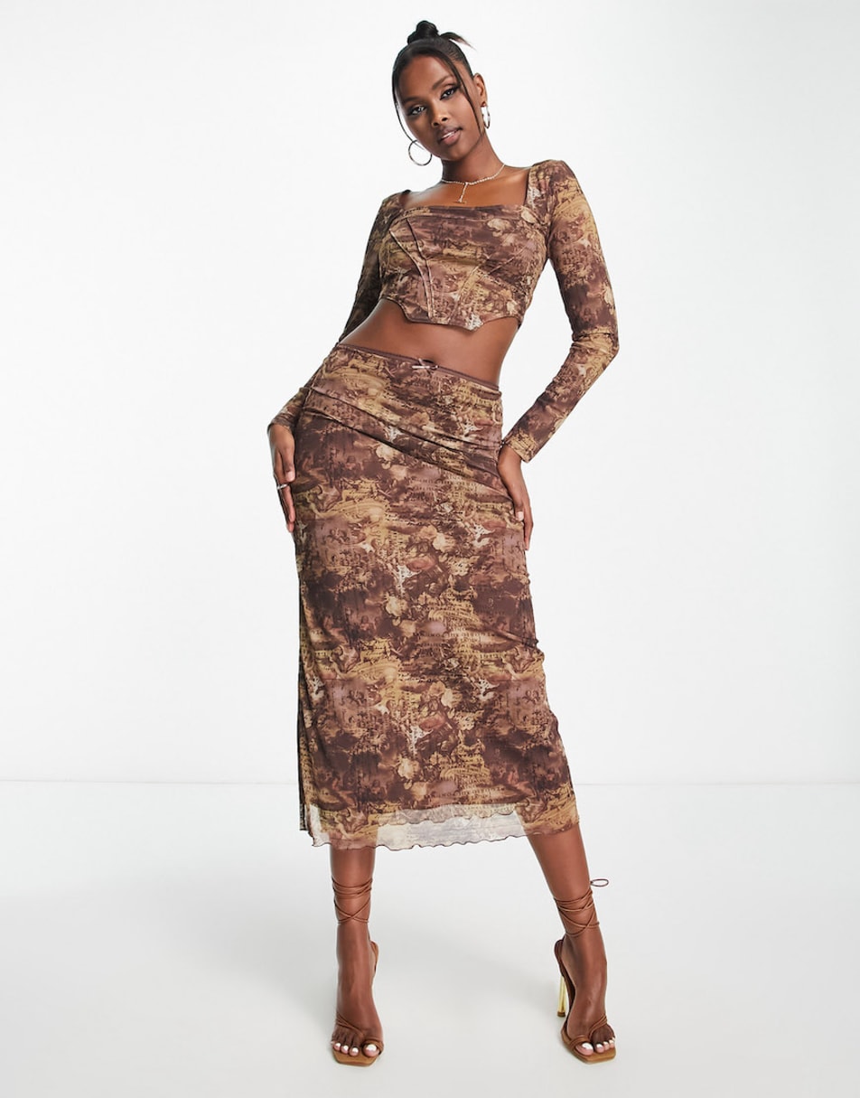 ASOS DESIGN long sleeve mesh corset and midi skirt co-ord in vintage print