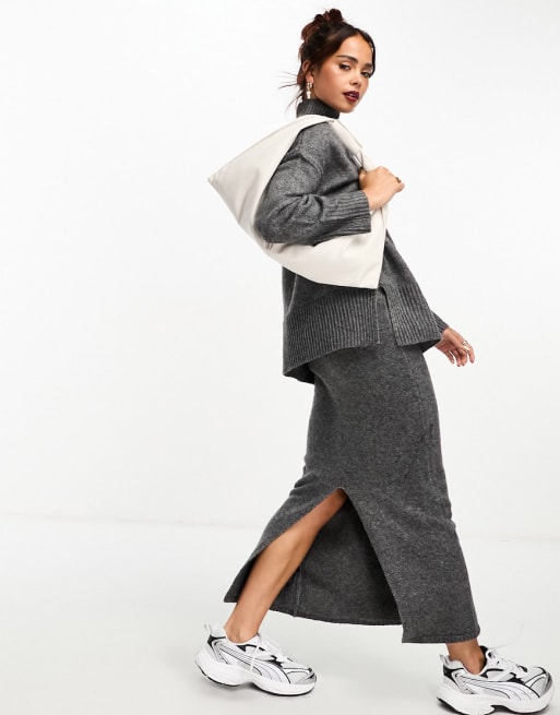 ASOS DESIGN longline sweater with high neck & midi skirt set in charcoal