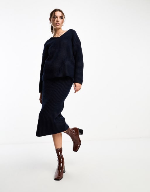 ASOS DESIGN longline V neck sweater midi skirt set in navy ASOS