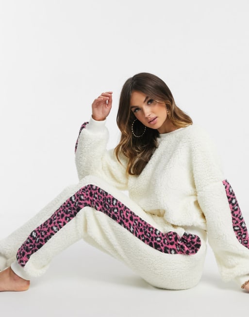 Image result for ASOS DESIGN lounge leopard stripe borg sweat and jogger set