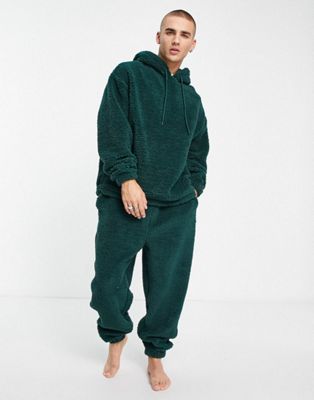 ASOS DESIGN lounge top with hood and bottoms in dark green borg