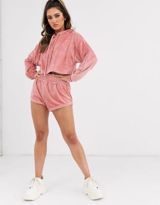 ASOS DESIGN lounge velour off shoulder sweat & short set