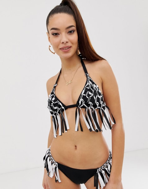ASOS DESIGN macrame fringed bikini in black and white