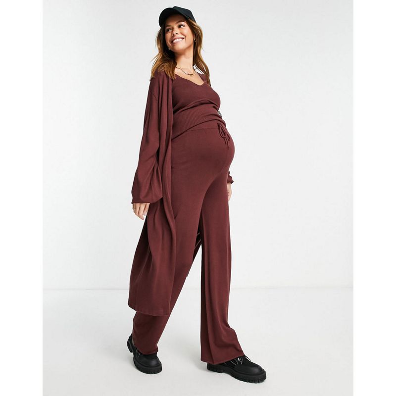 nM4YL Donna DESIGN Maternity - Coordinato in maglia marrone con canottiera, cardigan e pantaloni