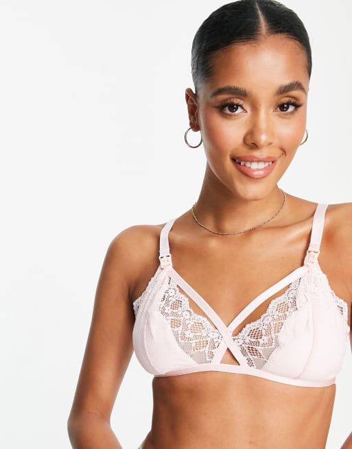 ASOS DESIGN Maternity Greta lace soft nursing bra & thong in pink