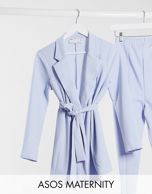 ASOS DESIGN Maternity jersey wrap suit blazer in pale blue