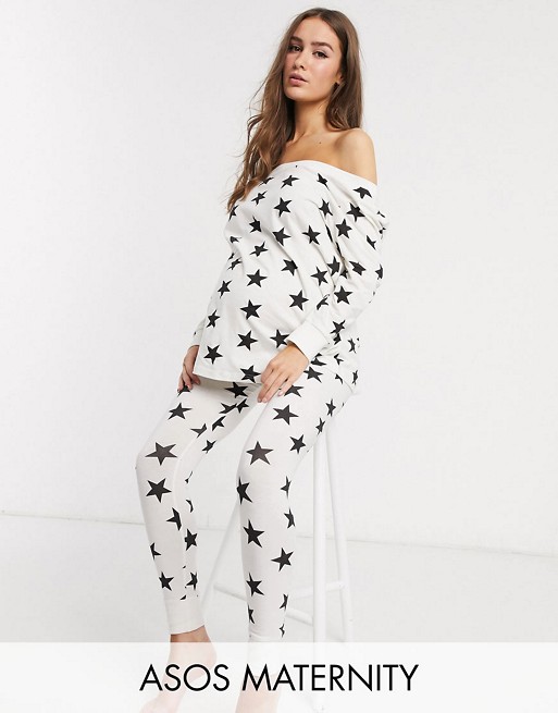 ASOS DESIGN Maternity lounge star print off shoulder long sleeve tee & legging