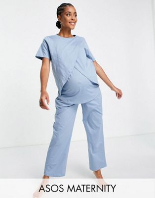 ASOS DESIGN Maternity mix & match cotton pyjama set in blue