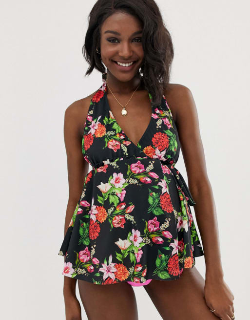 ASOS DESIGN maternity tankini top hipster set in neon floral pink