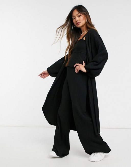 ASOS DESIGN maxi knitted cardi, cami, and wide leg pant set in black