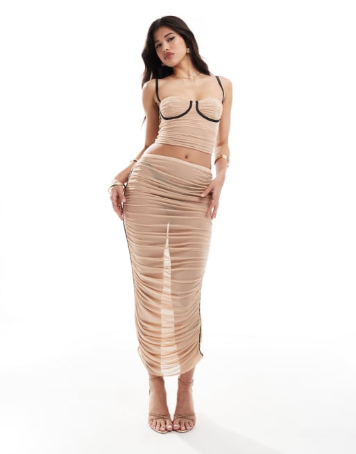 ASOS DESIGN mesh corset top and midi skirt with contrast binding set in stone