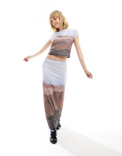 ASOS DESIGN mesh cropped top and maxi skirt set in scenic print
