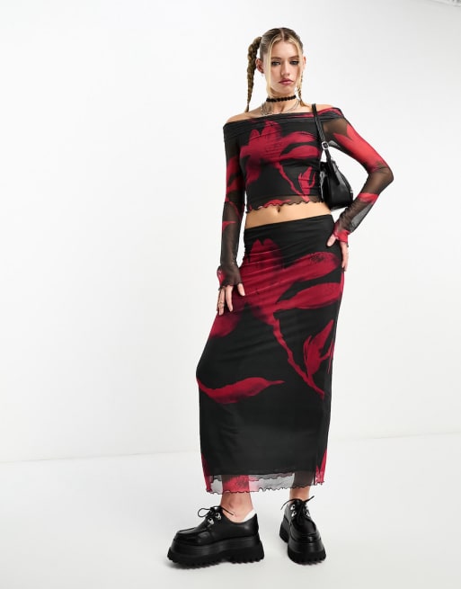 ASOS DESIGN mesh off shoulder long sleeve top and midi skirt set in graphic print