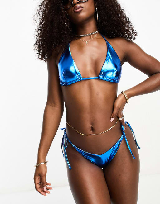 ASOS DESIGN metallic triangle bikini in bright blue