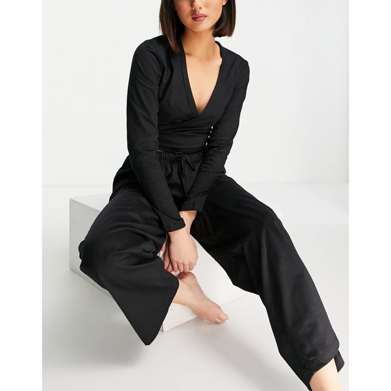 bUF4N Donna DESIGN - Mix and Match - Completo pigiama con top avvolgente a maniche lunghe e pantaloni in cotone organico