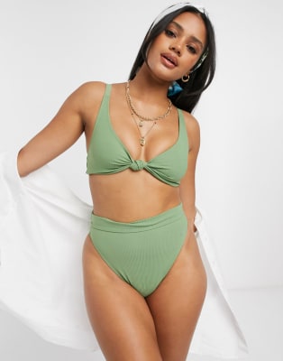 ASOS DESIGN mix and match rib high apex triangle bikini top in khaki