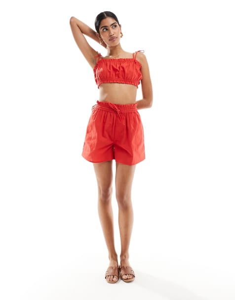 ASOS DESIGN Mix and Match Ruffle and Tie detail Linen Co-ord in Red - view 1