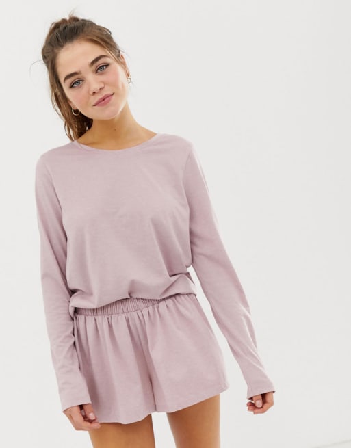ASOS DESIGN - Mix en match - Gemêleerd pyjamashirt met lange mouwen en short