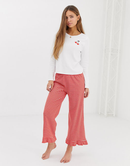 ASOS DESIGN - Mix en match - Pyjamaset - Top met lange mouwen en broek met geborduurde kersen