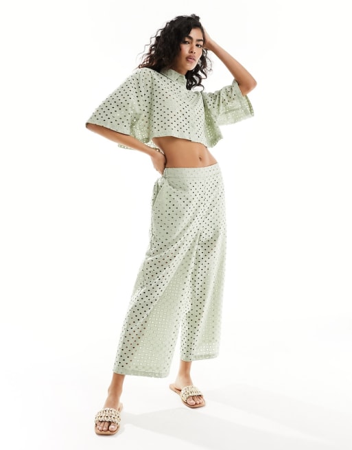 ASOS DESIGN Mix & Match broderie co-ord in sage | ASOS