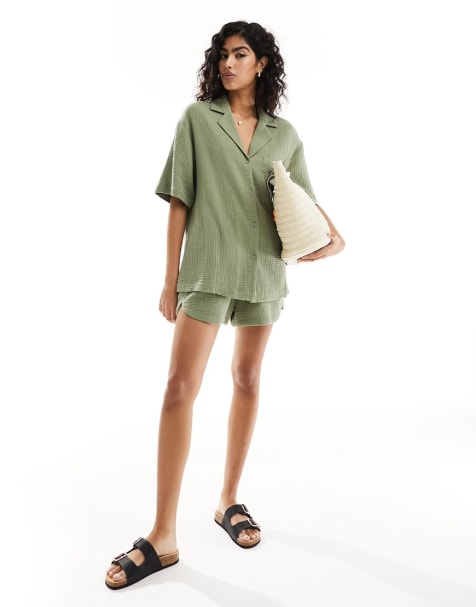 ASOS DESIGN Mix & Match cheesecloth co-ord in olive - view 1