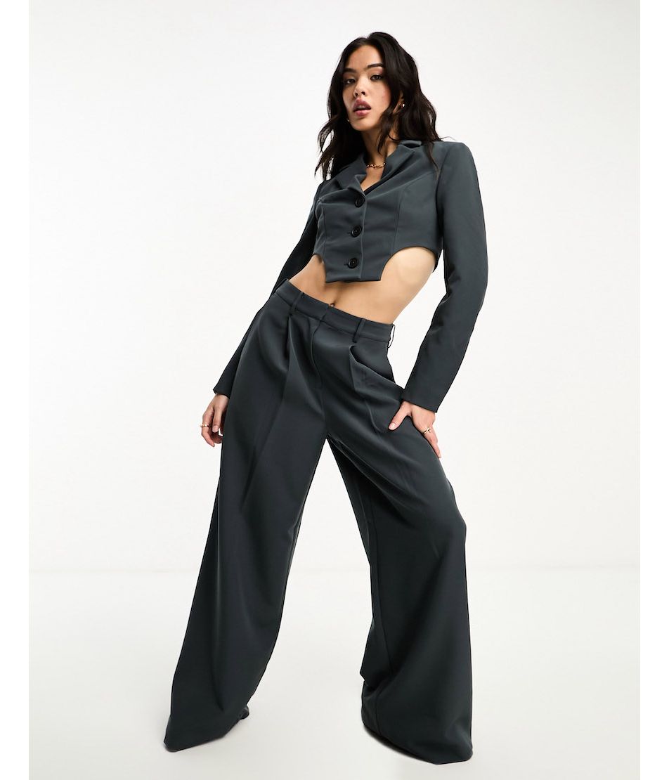 Vila Petite coated leggings with zip back in black