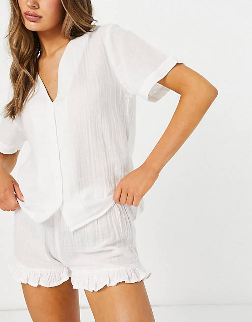ASOS DESIGN mix & match cotton gauze collarless pyjama shirt & frill short in white