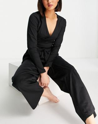ASOS DESIGN mix & match cotton pyjama long sleeve wrap top & trouser | ASOS