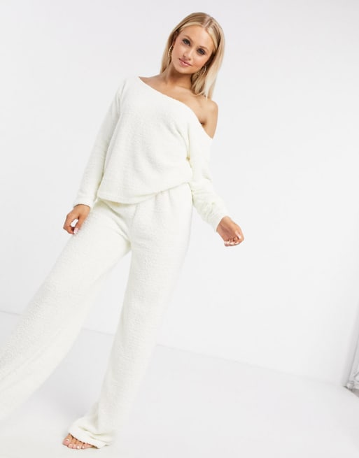 ASOS DESIGN mix & match lounge fluffy off shoulder sweat & pants set in  cream