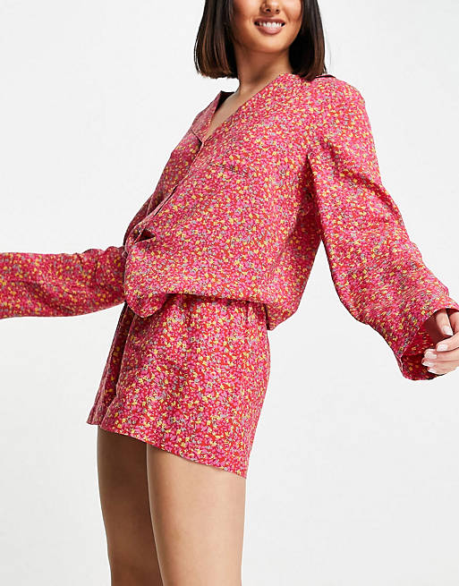 ASOS DESIGN mix & match modal ditsy floral set in red & pink