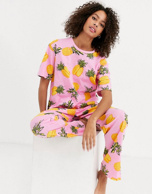 ASOS DESIGN mix & match pineapple jersey pyjama tee and trouser