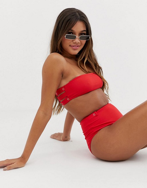 ASOS DESIGN mix & match rib bandeau top & bottom bikini set with poppers in red