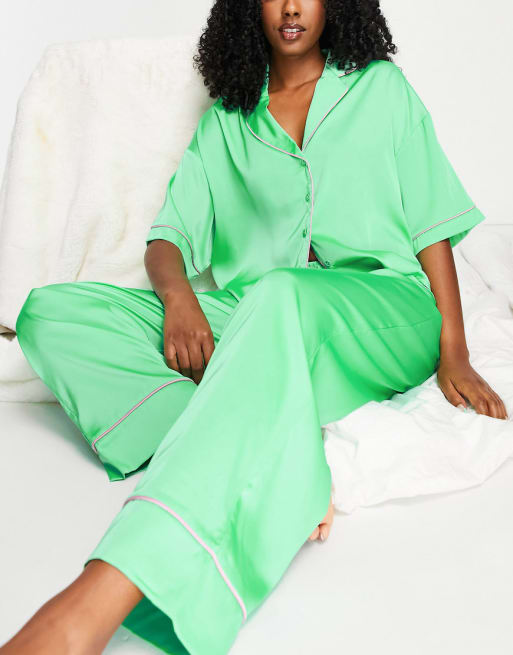 ASOS DESIGN mix match satin pajama set with contrast piping in