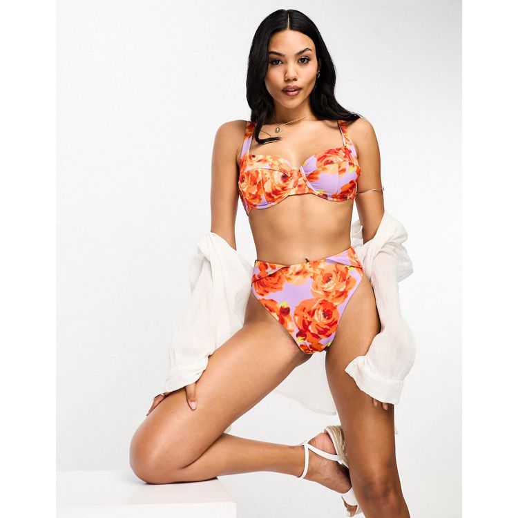 City Chic Curve underwired bardot bikini top in floral print