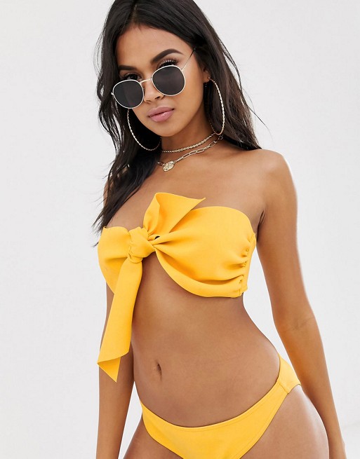ASOS DESIGN Neoprene bow front bandeau bikini top in golden yellow