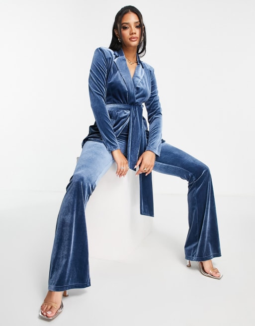 ASOS DESIGN – Niebieski aksamitny zestaw z wiązaniem
