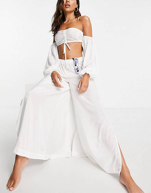 ASOS DESIGN off shoulder top and wide leg trouser beach co-ord in white