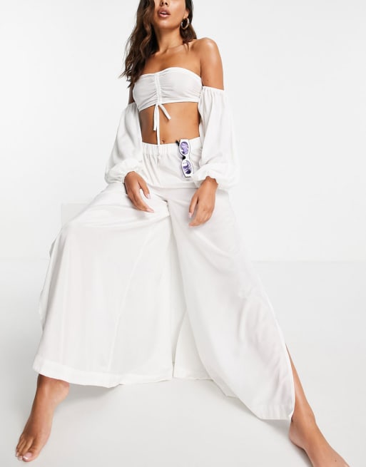 ASOS DESIGN off shoulder top and wide leg trouser beach coord in white
