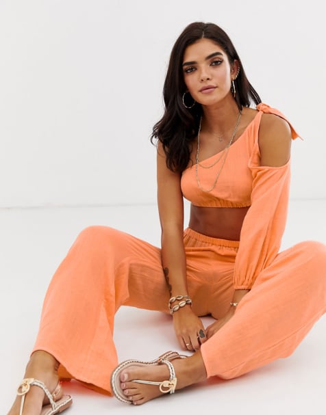 ASOS DESIGN one shoulder beach top & trousers in natural crinkle fabric co-ord