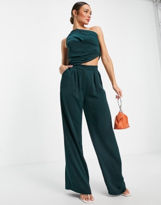 ASOS DESIGN one shoulder satin top and wide leg pant set in forest ...