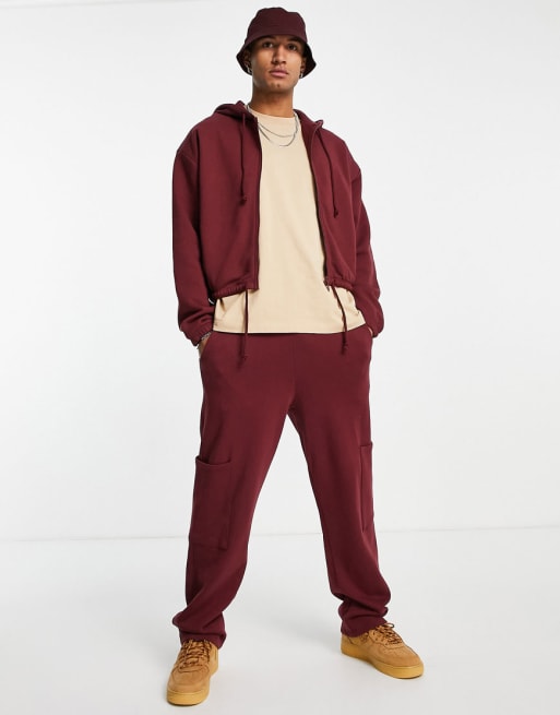 ASOS DESIGN – Oversize-Set mit kurzem Kapuzenpullover in Burgunderrot