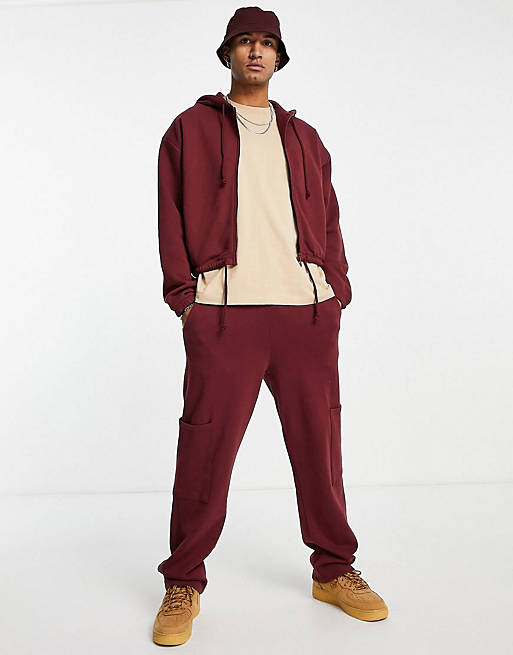 ASOS DESIGN oversized co-ord with cropped hoodie in burgundy