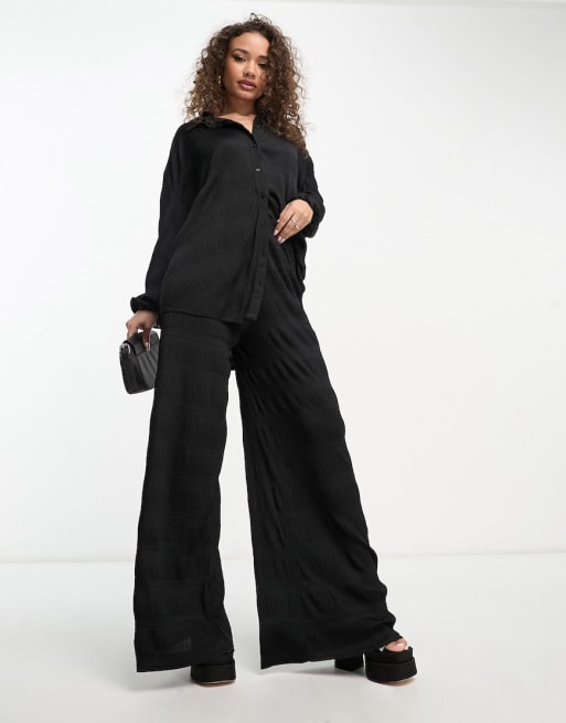 Grey Plisse Wide Leg Pants, Two Piece Sets