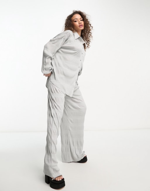 ASOS DESIGN oversized plisse shirt and wide leg pants set in silver